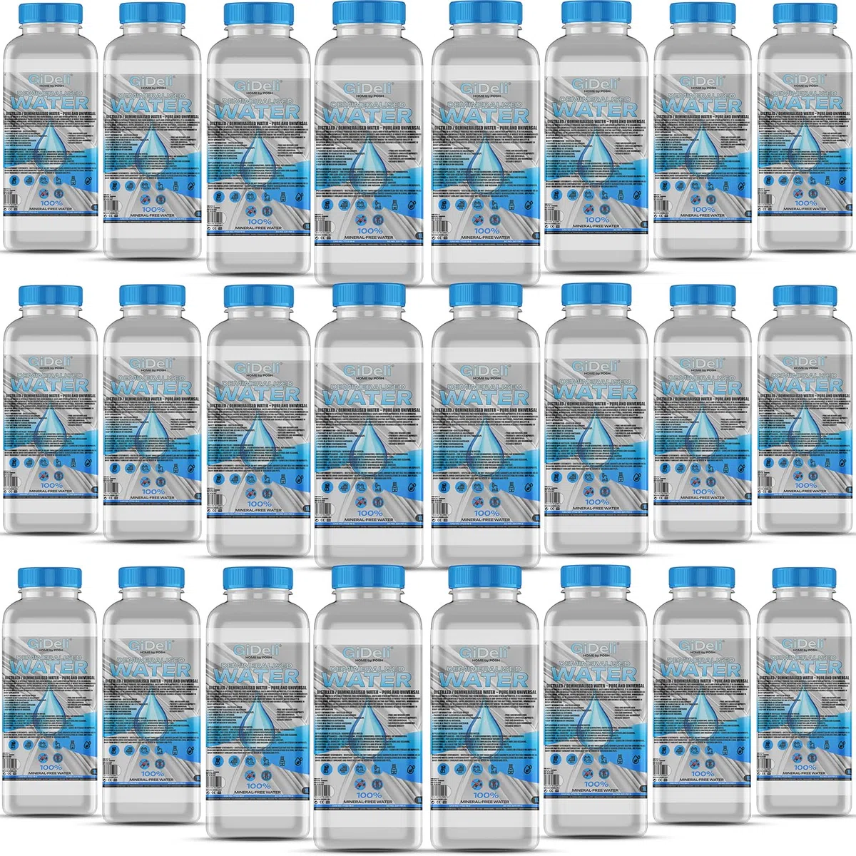 GiDeli Acqua demineralizzata 24 x 1L Acqua distillata per ferro da stiro, batterie, refrigeratore, umidificatore, acquario e laboratorio acqua senza calcare, inodore, trasparente