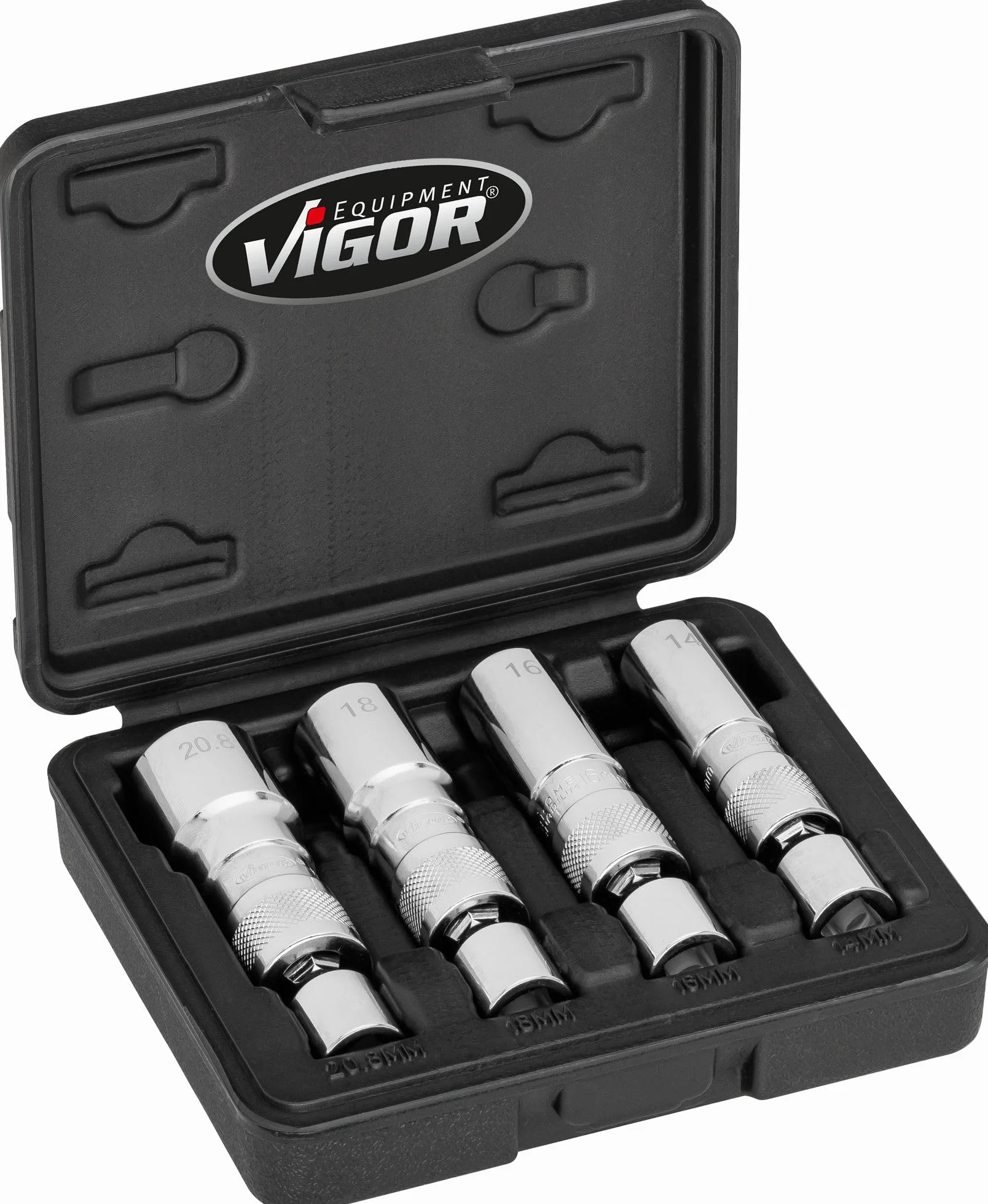 HAZET ViGOR Set di chiavi per candele V7002/4, 4 pezzi, 3/8 di pollice quadrato, profilo esterno a doppio esagono, misure 14-20,8 mm, snodi sferici per punti difficili da raggiungere, magnetico