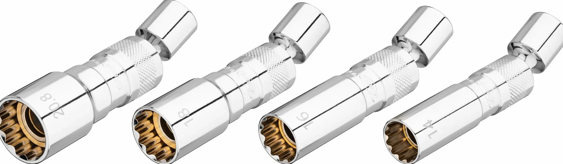 HAZET ViGOR Set di chiavi per candele V7002/4, 4 pezzi, 3/8 di pollice quadrato, profilo esterno a doppio esagono, misure 14-20,8 mm, snodi sferici per punti difficili da raggiungere, magnetico