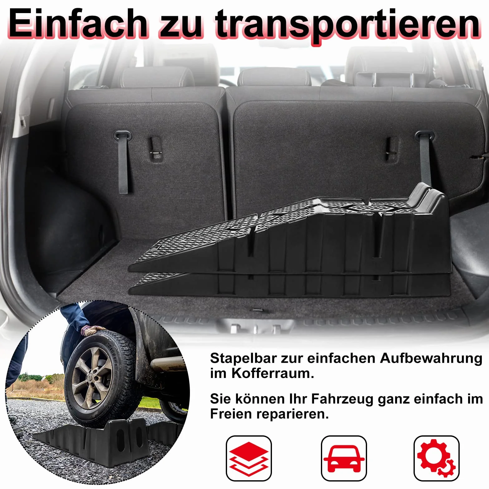 Set di 2 Rampe di Carico in Plastica per Auto, Rampe di Carico per Auto, 90x33x22,5cm, Rampa per Carichi Pesanti MAX. 2,5T, Piattaforma di Sollevamento con Superficie Antiscivolo, Rampa di