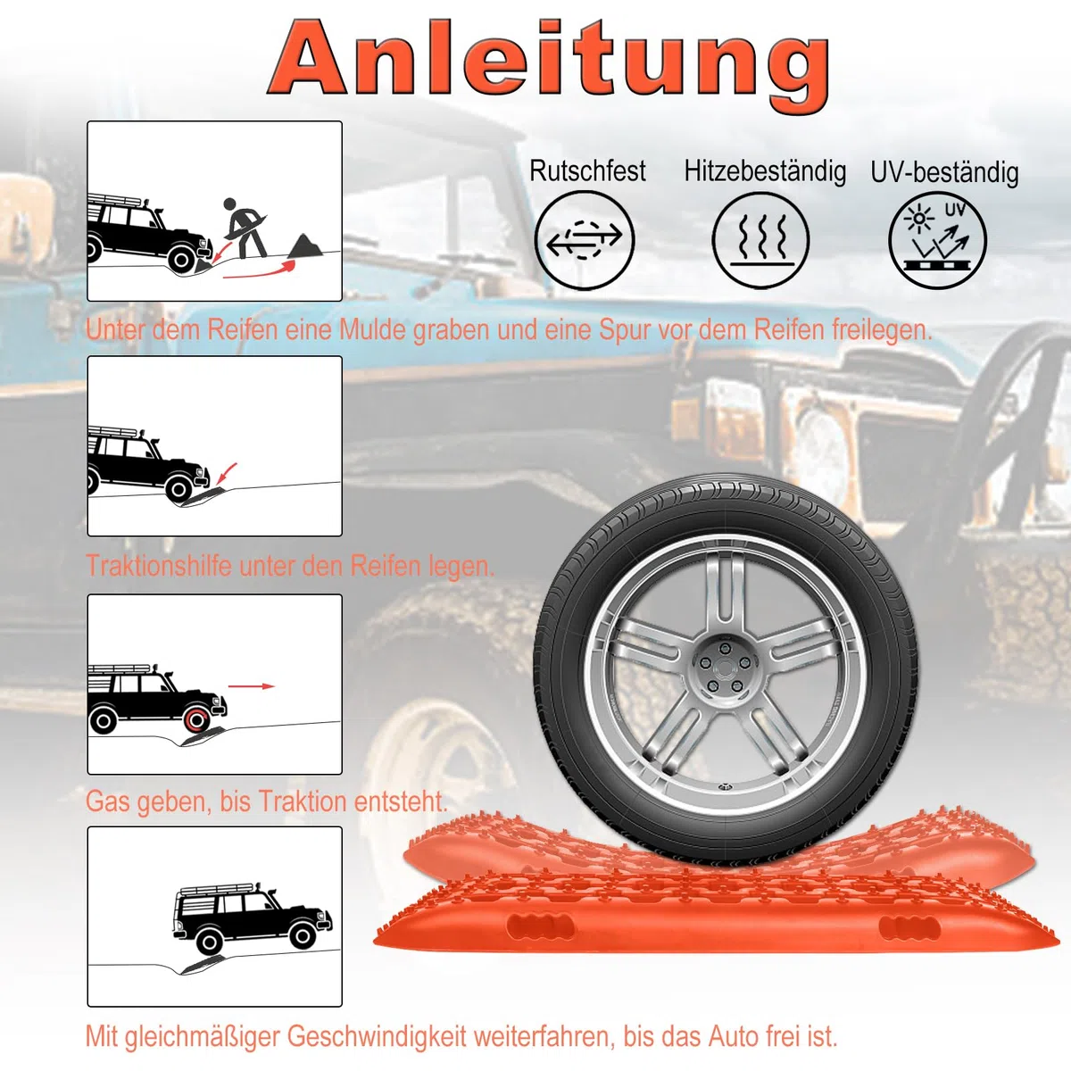 UISEBRT 2 pezzi Offroad Tracks Traction Mats aiuto di lancio fango sabbia neve Recovery Board Scaletta per pneumatici con custodia per fuoristrada, camper, auto, camion, arancione