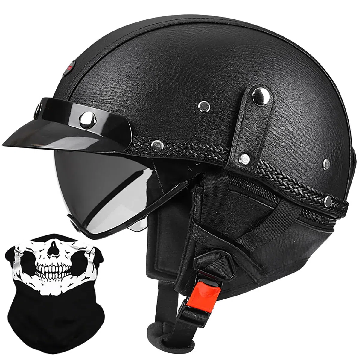 Mezzo Casco da Moto retrò Casco Aperto Pelle Tedesca, Uomini Donne Cruiser Chopper Ciclomotore Scooter Casco Vintage Mezza Conchiglia con Sciarpa Rimovibile, Approvato ECE 57-64cm