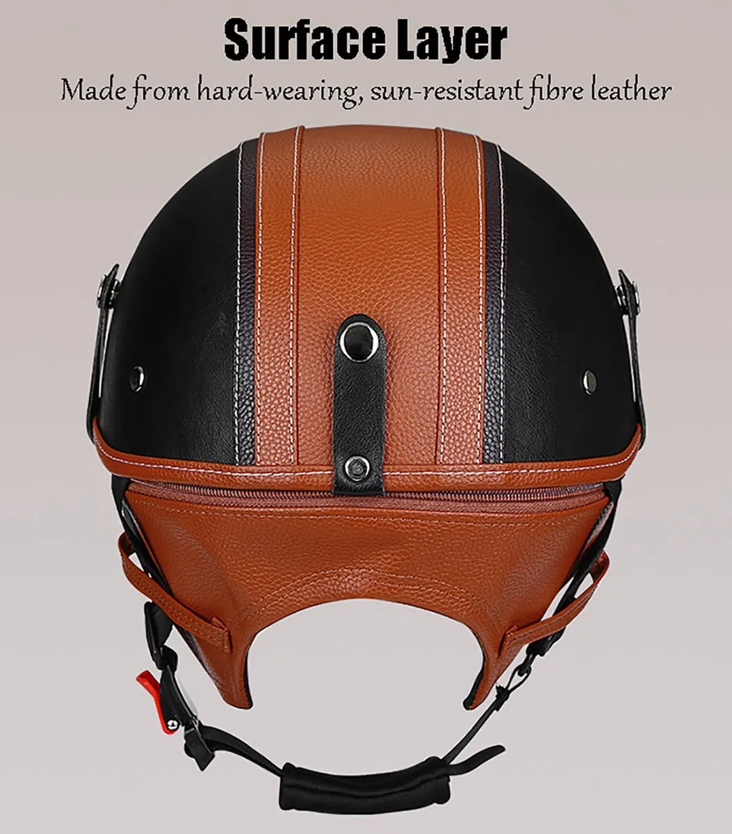 Mezzo Casco da Moto retrò Casco Aperto Pelle Tedesca, Uomini Donne Cruiser Chopper Ciclomotore Scooter Casco Vintage Mezza Conchiglia con Sciarpa Rimovibile, Approvato ECE 57-64cm