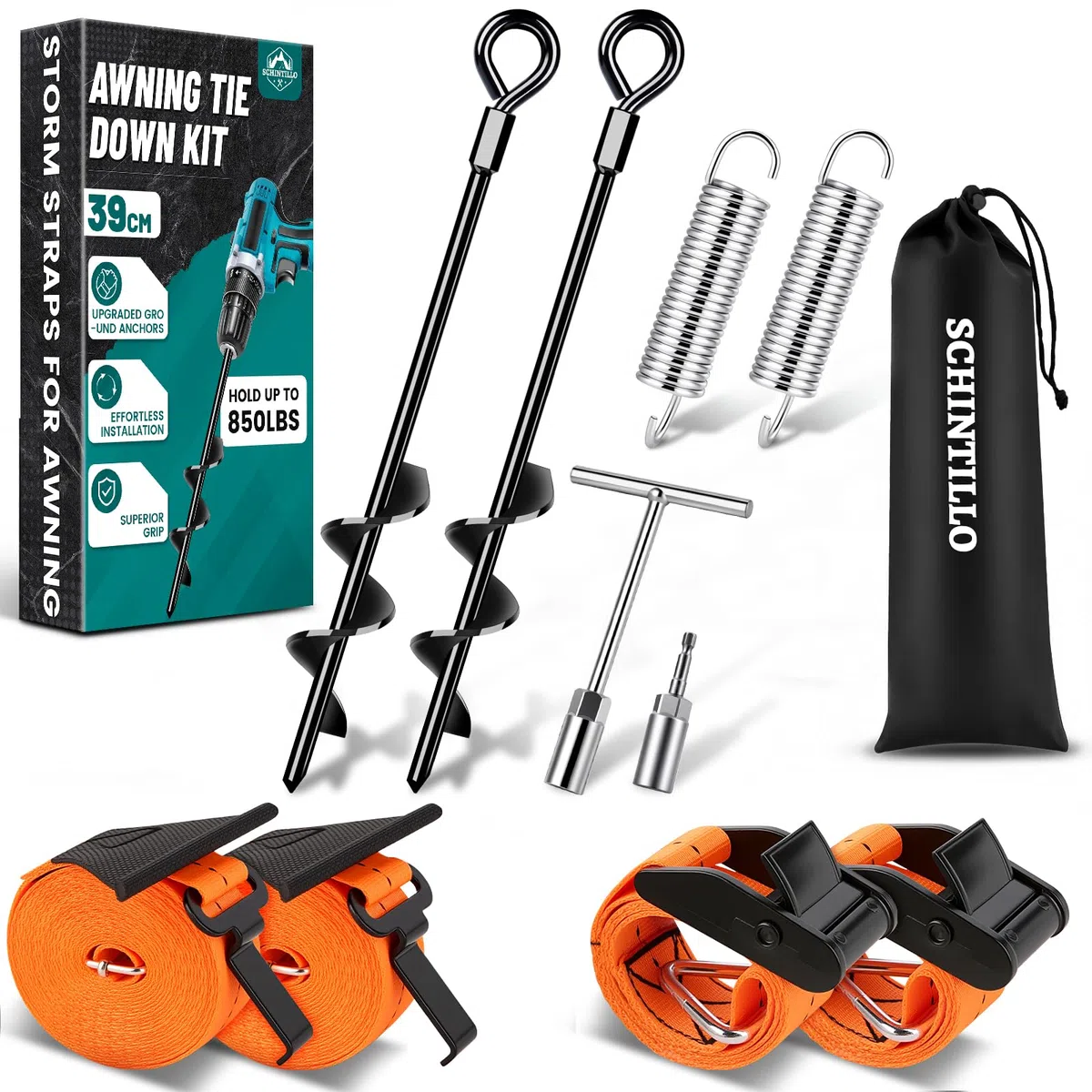 Kit di Fissaggio per Tendalini Cinghie Anti-tempesta per Tendalini di Camper, Accessori per Tendalini Set Completo di Protezione Anti-tempesta per Tendalini di Roulotte con Ancoraggi a Terra da 39cm