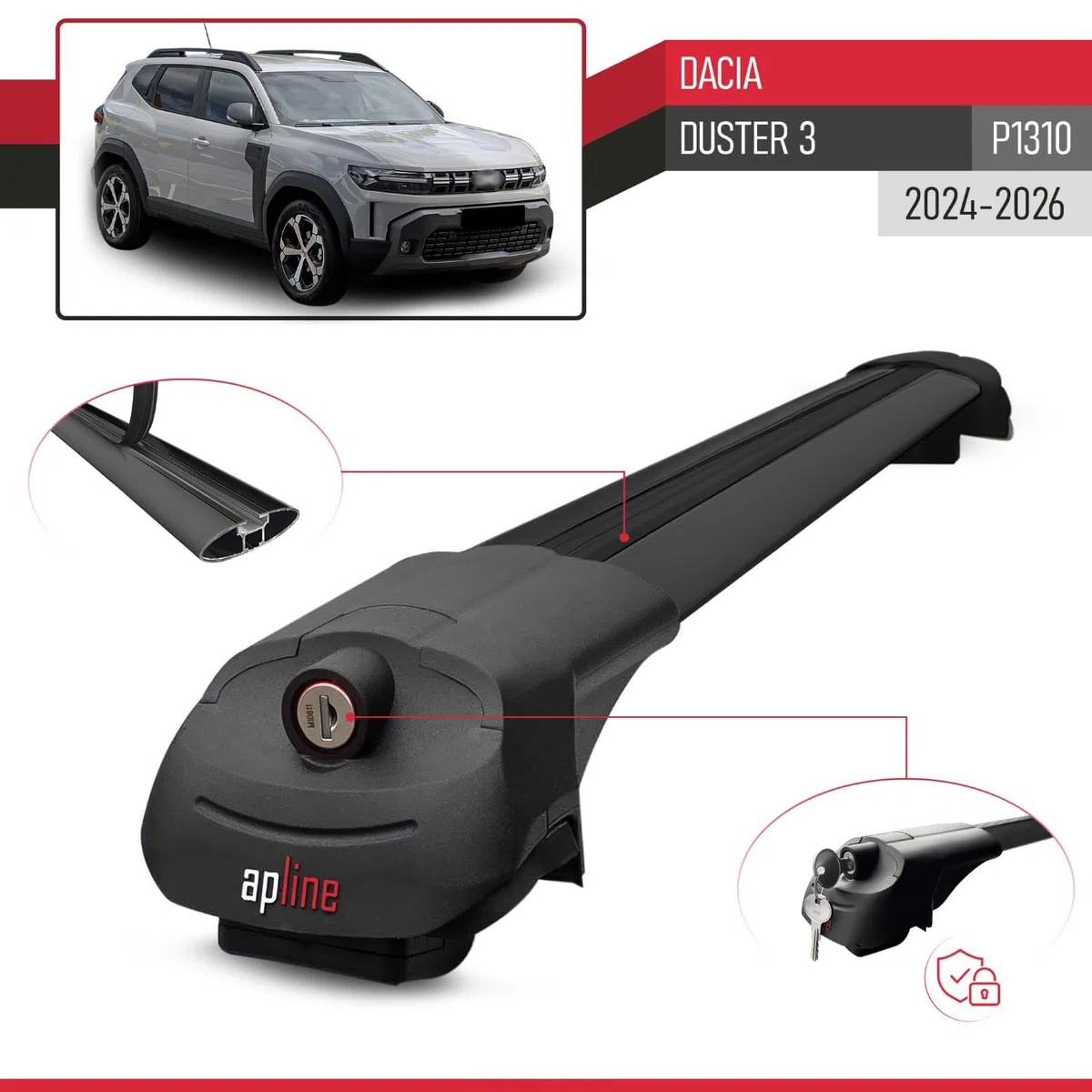 Compatibile con Dacia Duster 3 (P1310) 2024-2026 Modello ACE-1 Barre Tetto Portapacchi Auto Barre Portatutto Nero Alluminio 2 Barre
