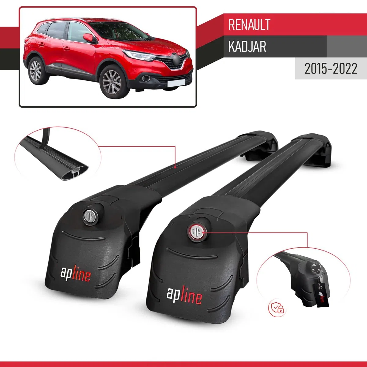 Compatibile con Renault Kadjar 2015-2022 Modello ACE-2 Barre Tetto Portapacchi Auto Barre Portatutto Nero Alluminio 2 Barre