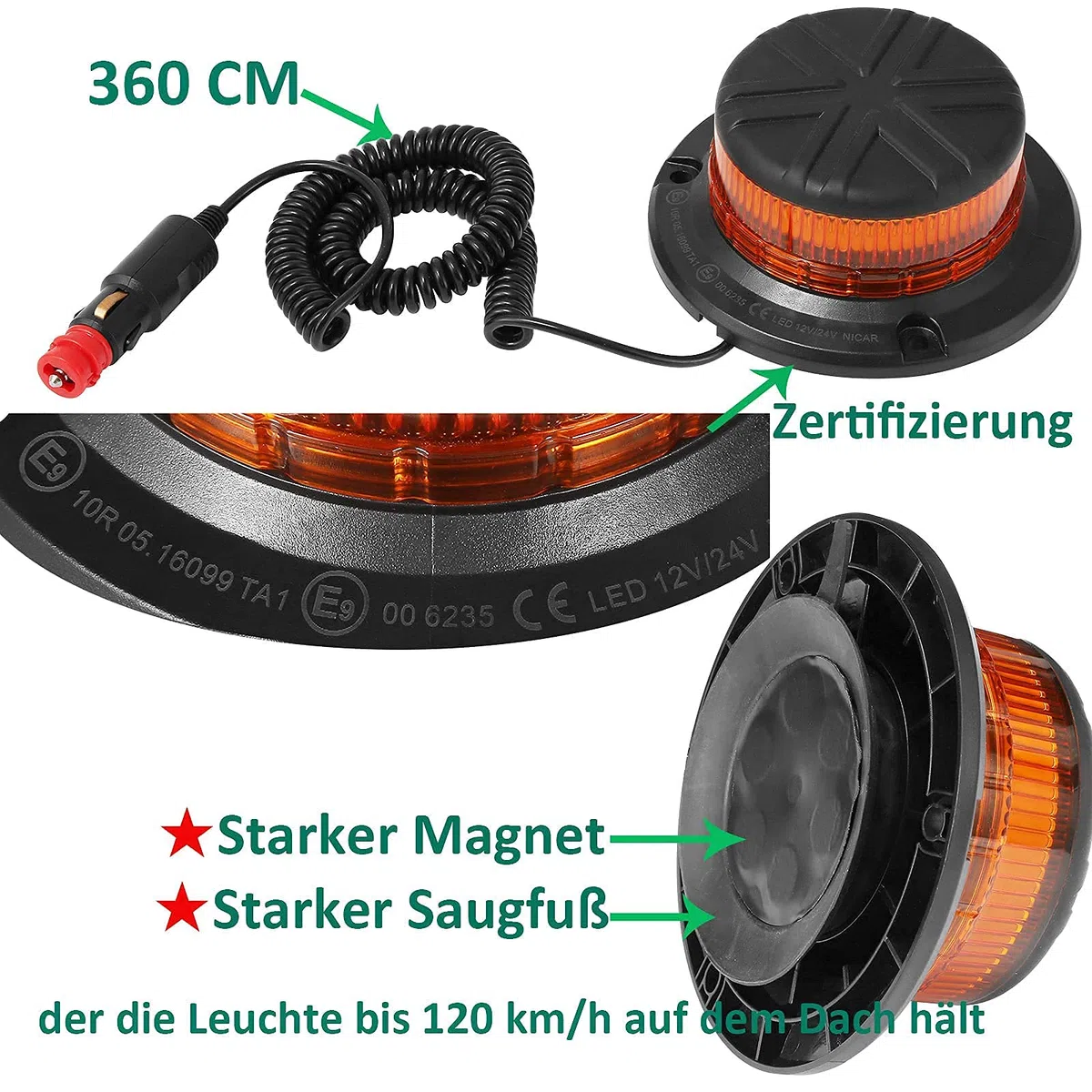 12V/24V LED Girofaro Magnetico Arancione,45LED Lampeggiate Gialla MagneteLED Spia Luminosa Auto Magnetica Accendisigari,LED Luce Lampeggiante e di Emergenza per Trattore Camion ECE R65 R10 E9
