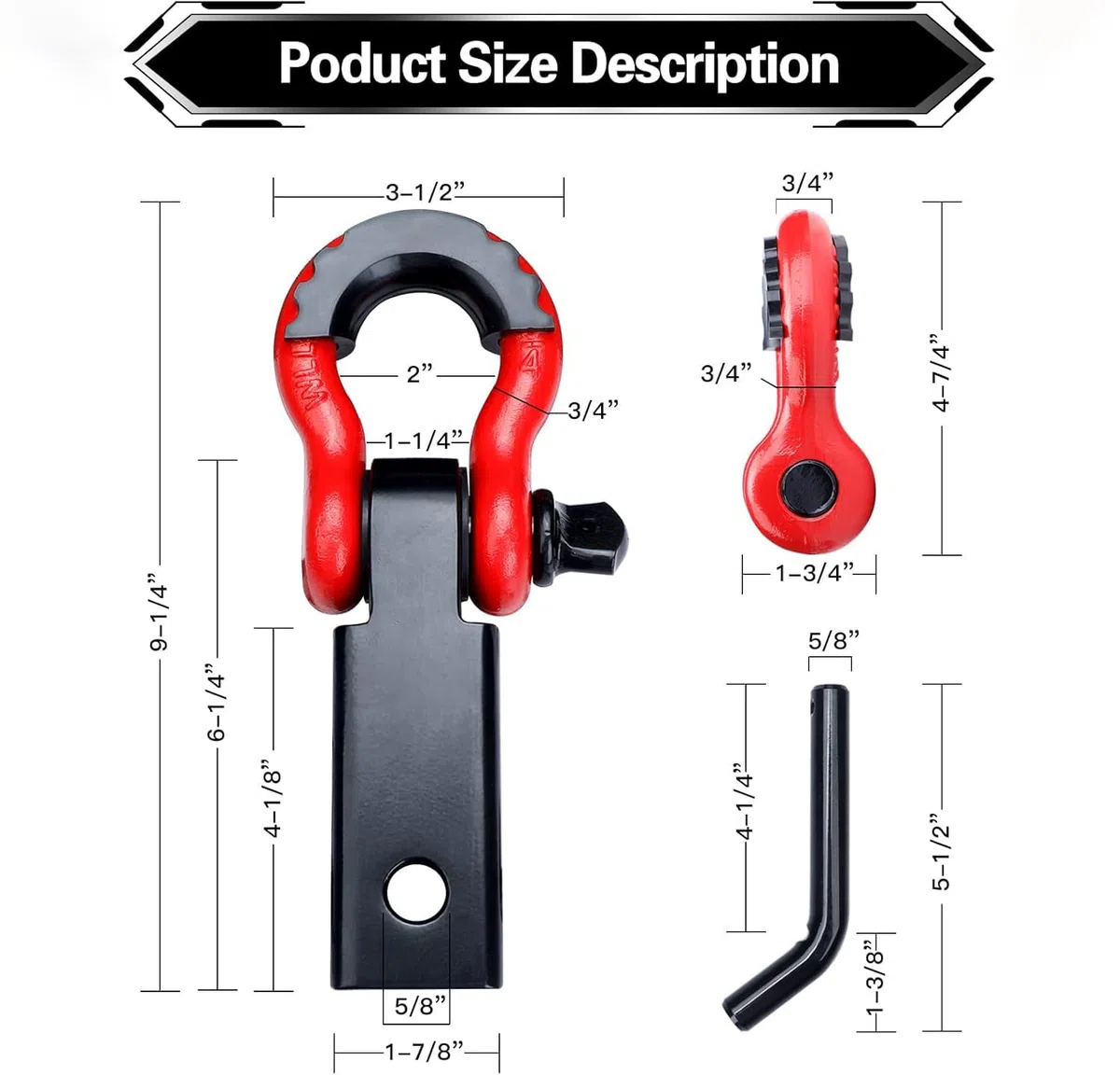 Gancio di Traino Ricevitore 2 Pollici, 3/4" Anello a D Grillo con Perno di Traino Resistente Kit, Recupero Solido per Camion, Jeep e Fuoristrada