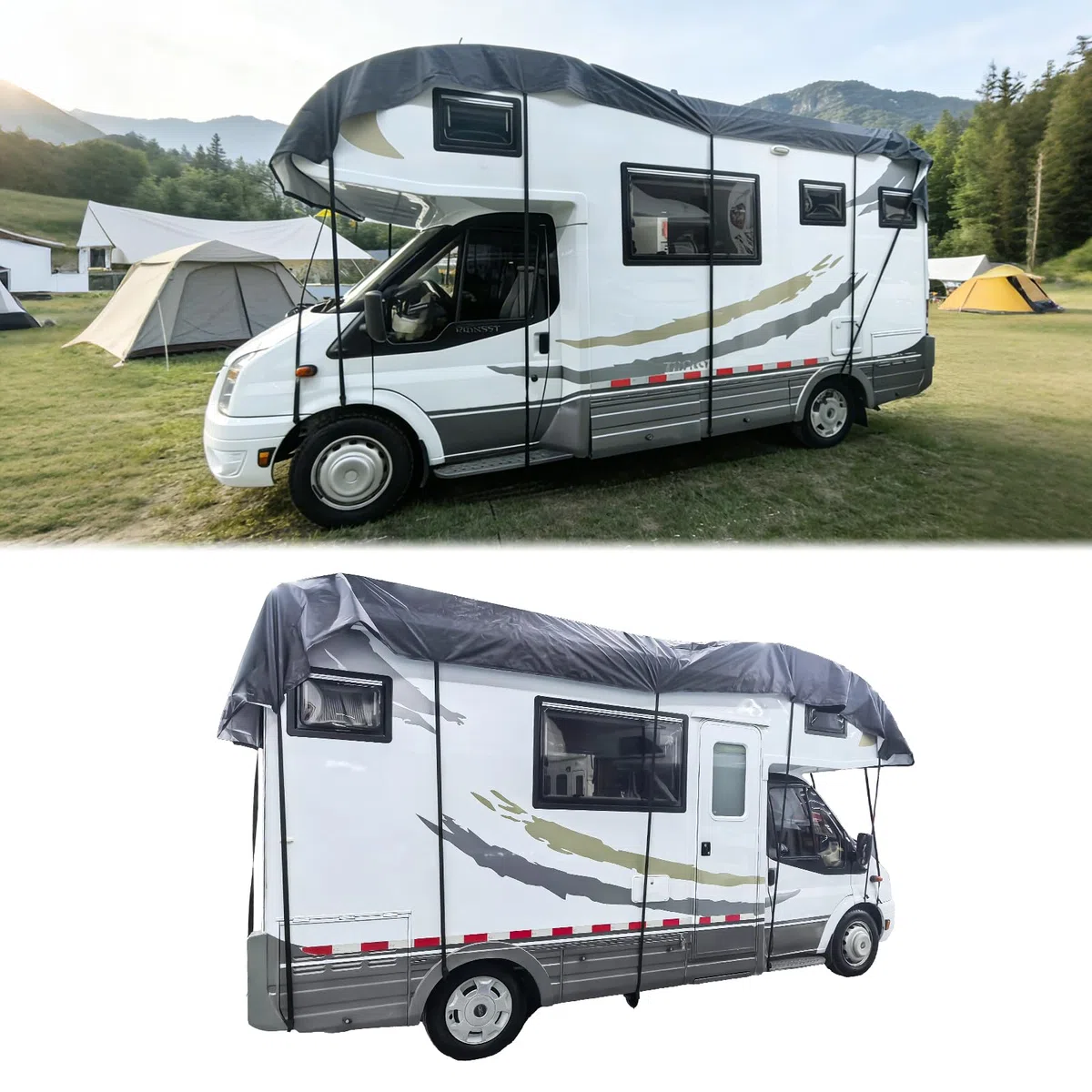 Copertura per Camper e Roulotte, 8.5x3m, 300D Tessuto Oxford, Telone Protezione Tetto, Impermeabile, Antivento, Antipioggia, Resistente ai raggi UV/Acqua/Polvere