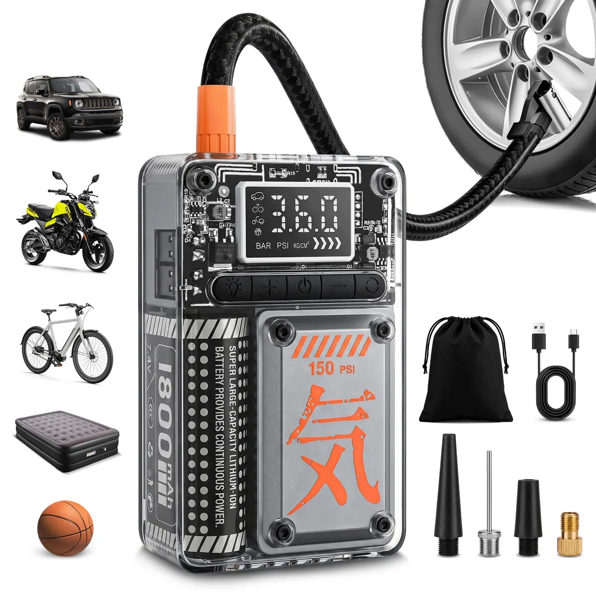 Compressore Aria Portatile 150 PSI (10,3 Bar), Mini Compressore Senza Fili, Gonfiatore Pneumatici Elettrico con Display LCD, Spegnimento Automatico, Luce LED, per Auto Moto Bici Palloni
