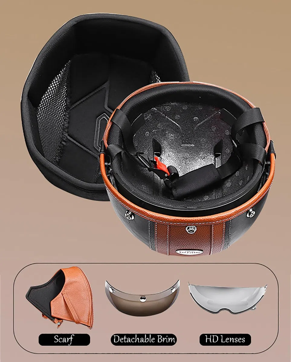Mezzo Casco da Moto retrò Casco Aperto Pelle Tedesca, Uomini Donne Cruiser Chopper Ciclomotore Scooter Casco Vintage Mezza Conchiglia con Sciarpa Rimovibile, Approvato ECE 57-64cm